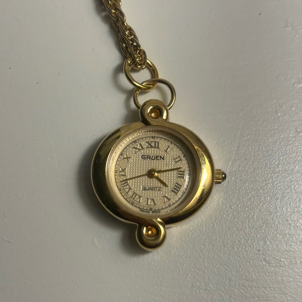Gruen Vintage Gold Pendant Watch on Chain – Elegant Design - Not Working